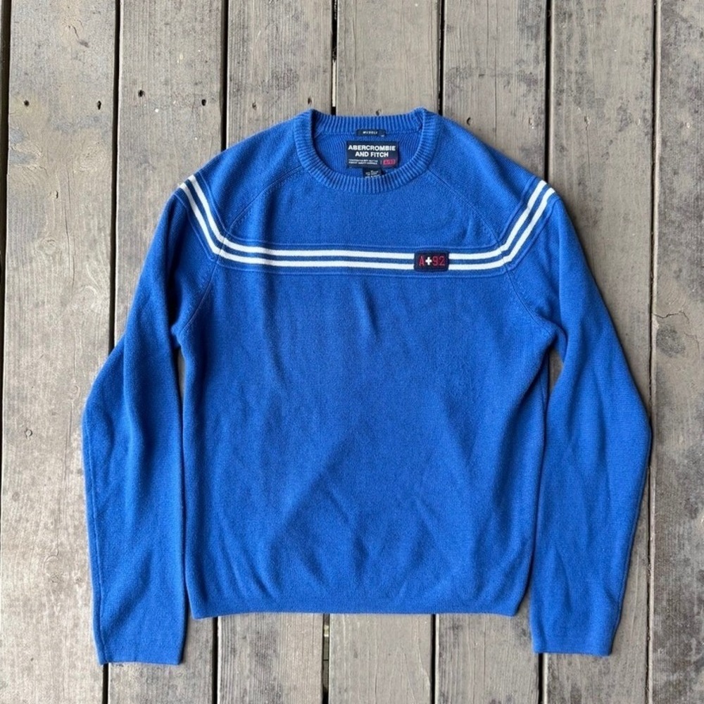 Abercrombie & Fitch Vintage Blue Knit Chest Stripe Crewneck Sweater Mens Medium